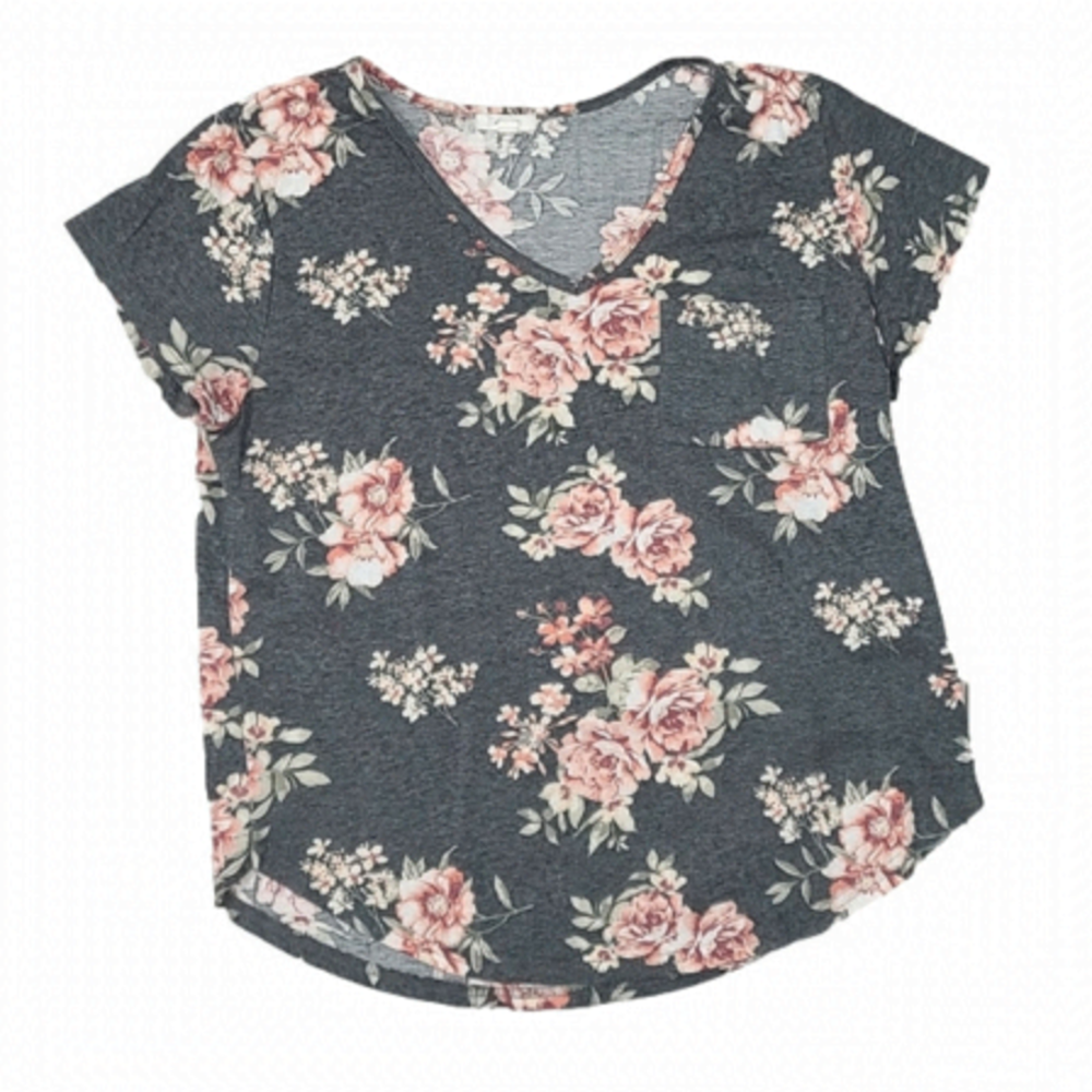 HEATHERED Gray and Floral 1 pocket T Shirt - V Neck - Size Large